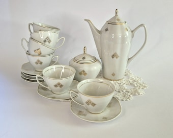 Vintage Porzellan Tee-Set mit Tassen Untertassen Zuckerdose und Kanne Antik Stil Vergoldete Stern Motive Vintage Porzellan Kaffee-Set Vintage Teetasse