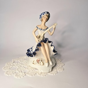 Vintage Hand Painted Porcelain Figurines with Guitar Retro Lady Hand Painted Sculpture with Mandolin Fairy Tale