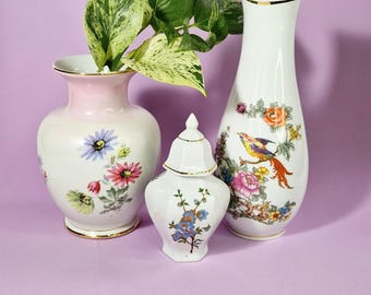 Vintage Hollóháza Vases Retro Floral Pattern Gold Plated Filigree Vase & Fat Vase Hungarian Hollóházi Porcelain Vase Vintage Porcelain Vase