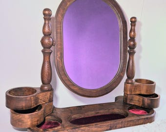 Antique Wood Vanity Mirror with Trinket Holders Early-Century Desk Mirror Vintage Wood Dressing Table Mirror Vintage Wood Makeup Mirror