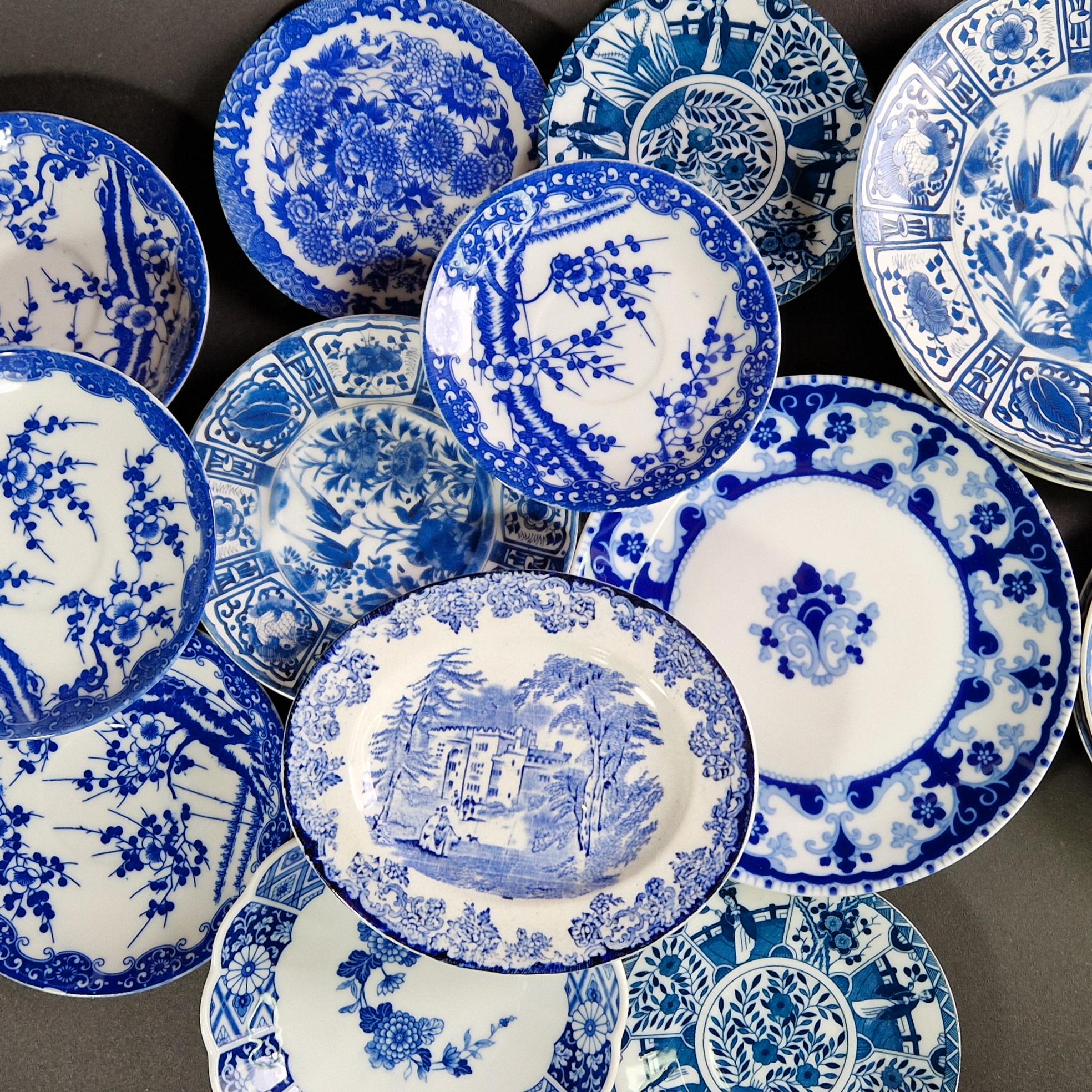 Rare Vintage Blue & White Mismatched Plates Nippon Tokusei Retro Blue Floral Plates Vintage Japanese Blue Plates Vintage Blue Floral Plates