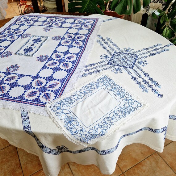 ヴィンテージ手刺繍テーブルクロス レトロフォークテーブルリネン