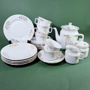 Vintage Porcelain Tea Set with Cups Saucers Sugar Bowl and Pot Antique Gilded Floral Motifs Vintage Porcelain Coffee Set Vintage Tea Cup Set