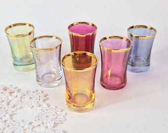 Vintage Colorful Shot Glass Sets Mid-Century Mini Tumblers Vintage Iridescent Shot Glass Set Vintage Rainbow Mini Shot Glasses