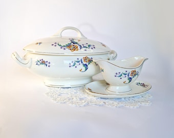 Vintage Gránit Soup Tureen and Gravy Boat Set Retro Psychedelic Flower Pattern Vintage Floral Soup Tureen Vintage Blue Floral Gravy Boat