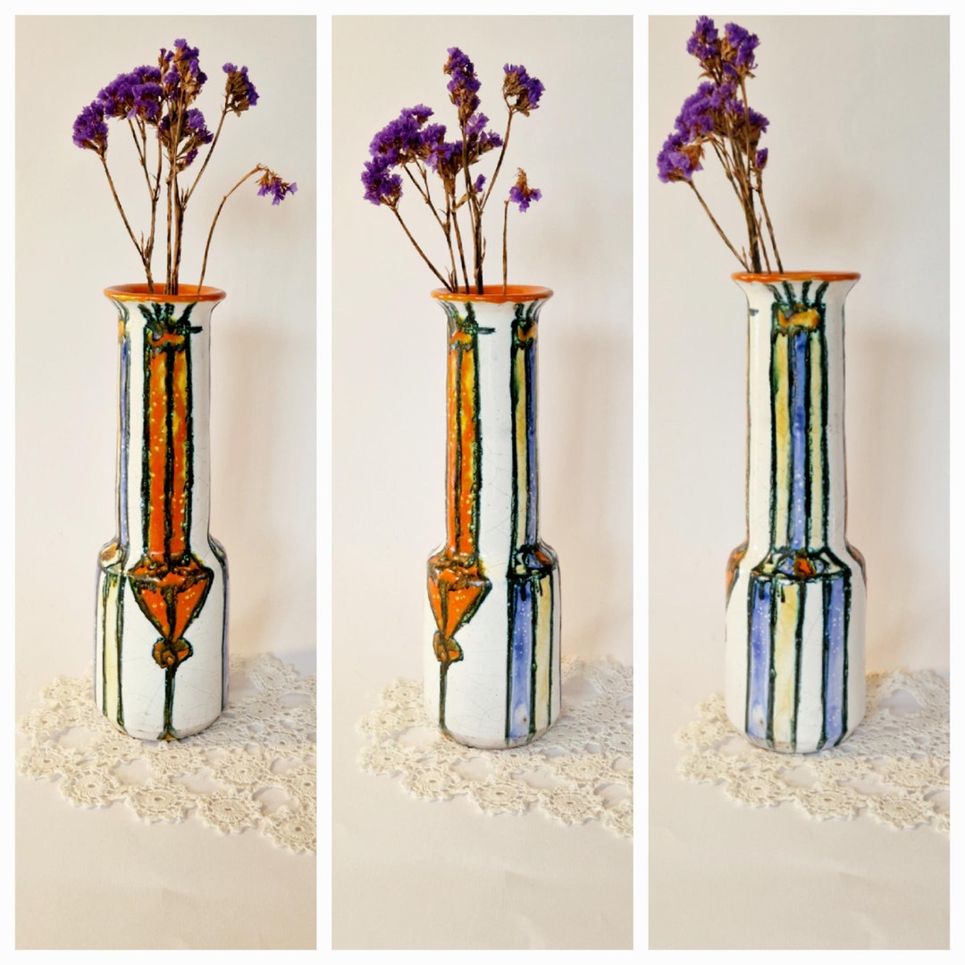 Vintage Ceramic Skinny Vase Retro Funky Vase Mid-century Filigree Vase Vintage Modernist Vase Vintage Handmade Vase Vintage Filigree Vase