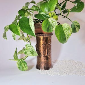 May include: A copper-colored, hammered metal planter with a face design holds a pothos plant. The plant has large, heart-shaped green leaves with white variegation. The planter is approximately 12 inches tall.