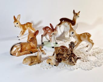 Vintage Fawn Figurines Retro Mini Hand Painted Porcelain Vintage Deer Figurines Mid-Century Baby Deer Bambi Small Statue Ceramic Fawn