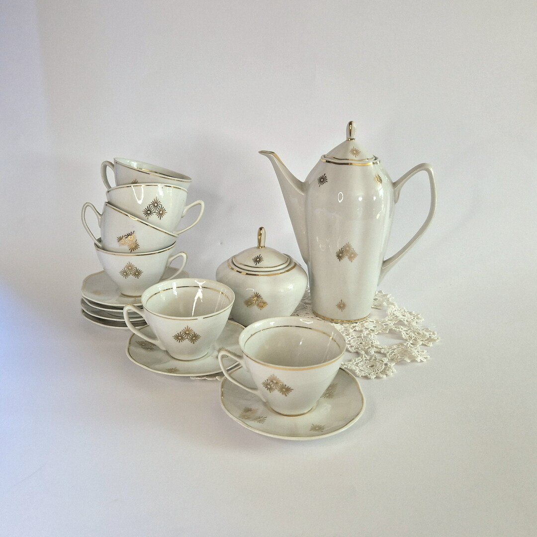Vintage Porcelain Tea Set With Cups Saucers Sugar Bowl and Pot Antique ...