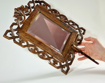 Antique Wood Vanity Mirror Early-Century Mirror Vintage Hand-Craved Wood Mirror Vintage Wood Makeup Mirror Vintage Wood Vanity Hand Mirror