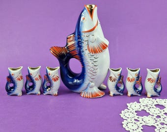 Kyiv Vintage Ceramic Fish Shot Glass Set with Retro Fish Shape Pitcher Mid-Century Vintage Blue Fish Shape Shot Glasses Vintage Fish Vase