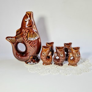 Kyiv Vintage Ceramic Fish Shot Glass Set with Retro Fish Shape Pitcher Mid-Century Vintage Fish Shape Shot Glasses Vintage Fish Shot Glasses