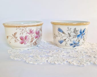 Tazas antiguas de Fairycore, tazas vintage con flores pintadas a mano, tazas de principios del siglo XX, tazas vintage con flores de hadas, tazas vintage con flores rosas y azules.
