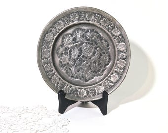 Vintage Handmade Silvery Floral Wall Hanging Antique Plate Vintage Ghalamzani Flower and Bird Wall Plate Vintage Persian Engraved Wall Plate