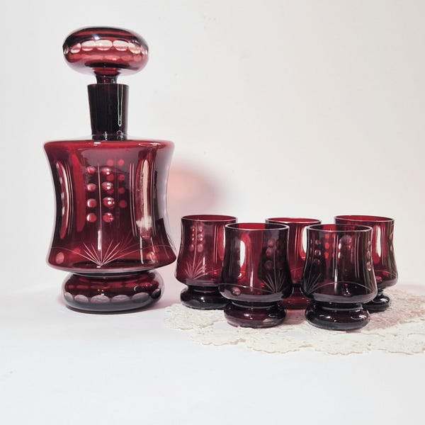Vintage Ruby Red Crystal Glass Wine Glasses with a Decanter Retro Tumblers Mid-Century Vintage Ruby Red Cut Crystal Glass Set with Bottle