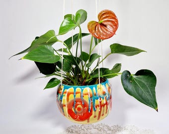 Vintage Handmade Ceramic Hanging Planter Pot Retro Colorful Planter Pot MCM  Vintage Hanging Plant Holder Vintage Drip Glaze Plant Holder Pot
