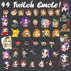 May include: A collection of 44 colorful Twitch emotes featuring various characters, including anime-style girls, boys, and animals. The emotes are drawn in a cartoon style and have different expressions, such as smiling, winking, and surprised.