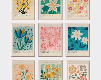 Flower Market Print, Set of 9, Botanical Wall Art, Floral Decor Posters, New York Poster, Paris Print, Custom Wall Art Set, Digital Download