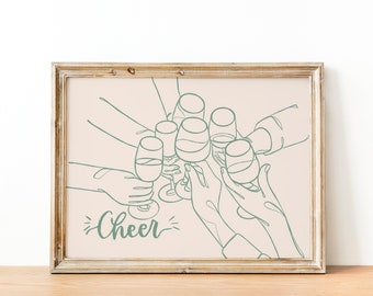 cheers print | sage green wall art | cute kitchen decor | minimalist wall art print | bar cart print | digital print