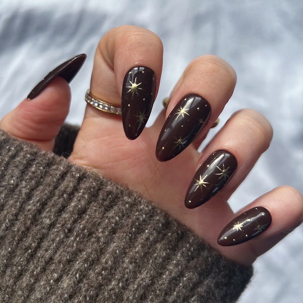 HAZEL | Reusable handmade brown star press on nails | Set of 10 salon quality brown autumnal gold chrome star stick on nails