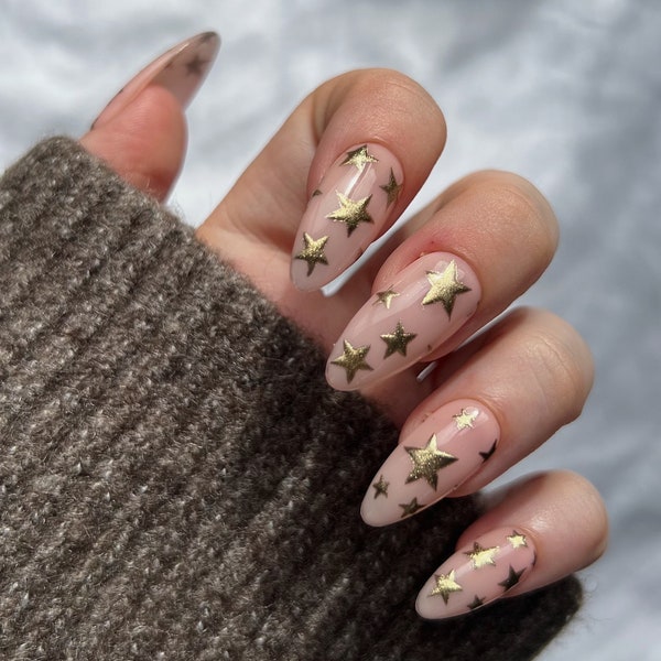 COSIMA | Hand painted gold chrome star press on nails | Set of 10 reusable patterned press ons | Gold chrome glitter autumn stick on nails