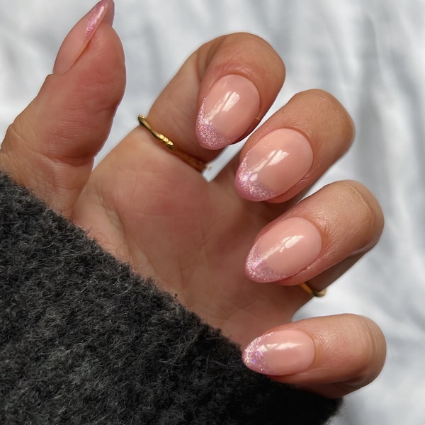 MELODIE | Pink French tip velvet press on nails | Sparkly Christmas pink stick on nails | Set of 10 salon quality velvet glitter false nails