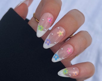 FLORENCE | Pastel floral white french tip press on nails | reusable floral pearl stick on nails | hand painted salon quality false nails |