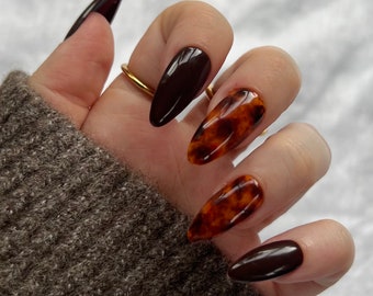 AUDREY | Reusable handmade press on nails | Brown autumnal tortoise shell set of 10 stick on nails | Fall inspired press ons |