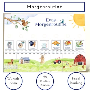 Morgenroutine für Kinder, personalisiert magnetisch doppelseitig, 20 Routine Karten, Spiralbindung und Klettleiste Routineplan "Bauernhof"