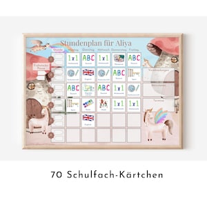 Stundenplan mit 70 Schulfach Karten, personalisiert für die Grundschule, optional magnetisch, Geschenkidee Einschulung "Rosa Einhörner"