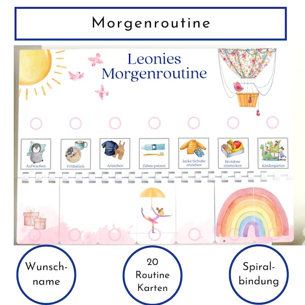 Personalisierte Morgenroutine für Kinder, flexible Routine mit 20 Morgenroutine Karten, Spiralbindung Routineplan "Heissluftballon"