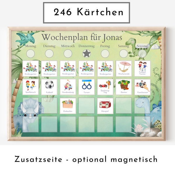 Personalisierter Wochenplan "Dinos" für Kinder, 246 Routinekarten, Montessori Routineplan mit laminierten Bildkarten für die Wochenplanung