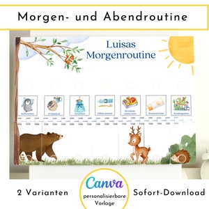 Spersonalizowana poranna i wieczorna rutyna „Niedźwiedź i jeleń”, natychmiastowe pobieranie, 60 kart rutynowych, plan rutynowych zajęć Montessori z rodziny Nordstern