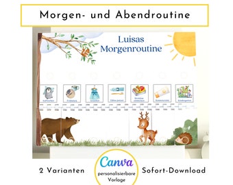 May include: A printable chart for a child's morning routine. The chart features a blue sky with a yellow sun, a green tree with brown branches, and a brown bear walking on green grass. The chart has seven boxes with pictures and text in each box. The text in the boxes reads: "Aufwachen", "Frühstück", "Anziehen", "Zähne putzen", "Brotdose einpacken", "Sonnencreme", "Kindergarten".