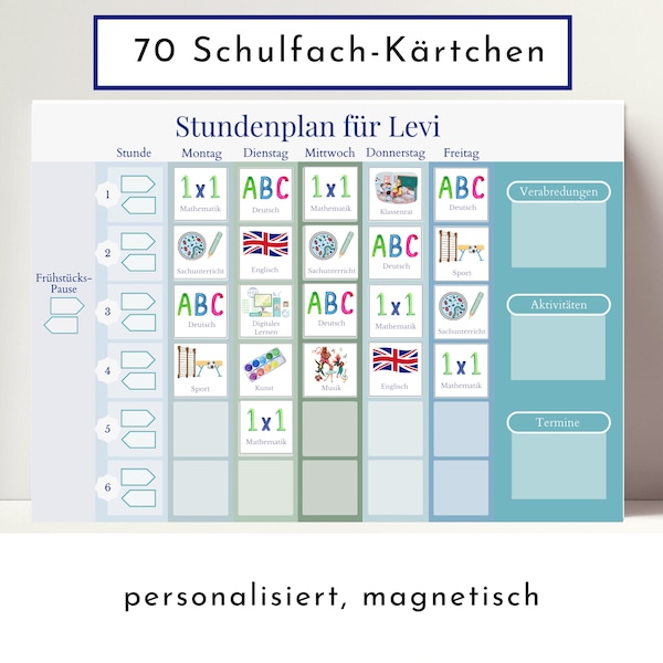 Stundenplan mit 70 Schulfach Kärtchen, personalisiert für die Grundschule, laminiert magnetisch abwischbar, Geschenkidee Einschulung "Ozean"