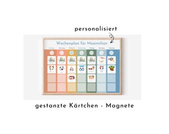 May include: A personalized weekly planner for a child named Maximilian. The planner has a colorful design with illustrations of activities like playing soccer, dancing, and reading. The planner is made with die-cut cards and magnets.