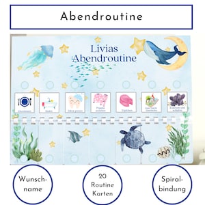 Abendroutine "Meerestiere" für Kinder, personalisiert, doppelseitig bedruckt, flexible Routine mit 20 Abendroutine Karten, Spiralbindung