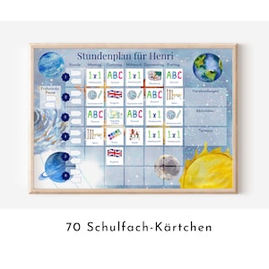 Stundenplan mit 70 Schulfach Karten, personalisiert für die Grundschule, optional magnetisch, Geschenkidee Einschulung "Milchstraße"