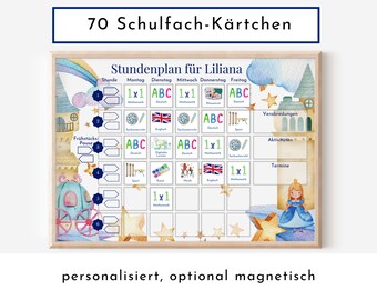 Stundenplan "Prinzessin" 70 Schulfach Kärtchen, personalisiert für die Grundschule, laminiert optional magnetisch, Geschenkidee Einschulung