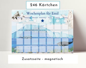 Wochenplaner für Kinder, personalisiert mit 246 Routine Karten, laminiert magnetisch, Geschenkidee für 1. Geburtstag, Wochenplan "Polarmeer"