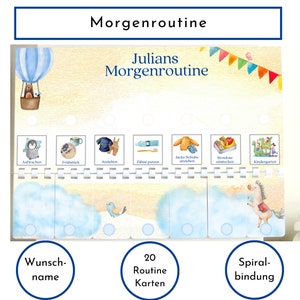 Morgenroutine für Kinder, personalisiert magnetisch doppelseitig, 20 Routine Karten, Spiralbindung und Klettleiste, Routineplan "Himmlisch"
