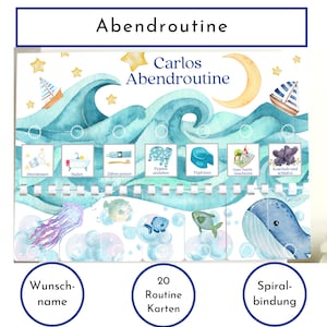 Abendroutine für Kindergarten Kinder, personalisiert mit 20 Routinekarten mit Wochenplan kombinierbar, Montessori Routineplan "Wal und Meer"