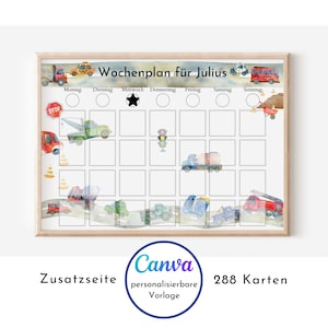 Plano semanal para crianças com 288 cartões de rotina, personalizáveis, download instantâneo em PDF, modelo Canva de presente de aniversário "Carros e caminhões"