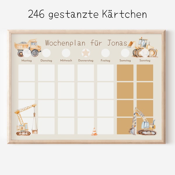 Wochenplan "Baustelle" mit Name personalisiert, 246 Routine Karten, laminiert, magnetisch, Montessori Routineplan mit Bildkarten für Kinder