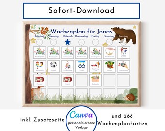 Wochenplan "Bär und Reh" für Kinder, 288 Wochenkarten, Montessori Routineplan als Sofort-Download, personalisierbares Canva-Printable