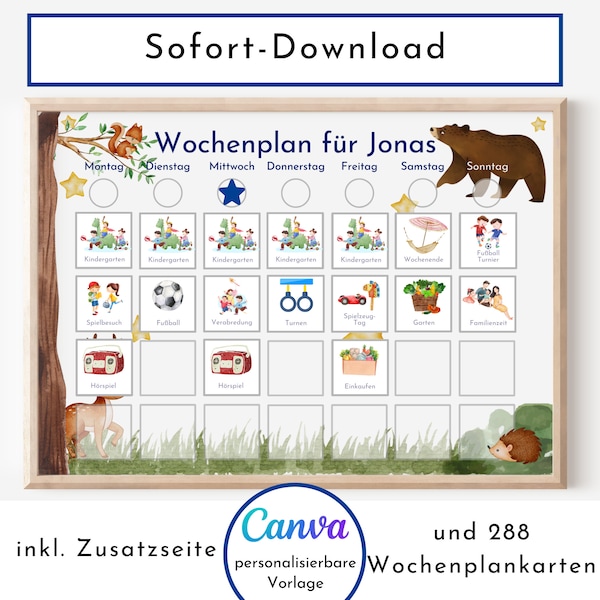 Bear and Deer Weekly Plan for Kids, 288 Weekly Cards, Montessori Routine Plan Instant Download, Customizable Canva-Printable