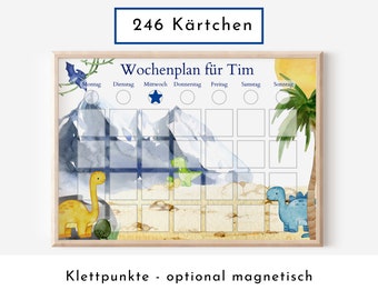Personalized weekly plan "Dinos and Mountains", 246 routine cards, Velcro laminated magnetic, Montessori routine plan from the Nordstern family