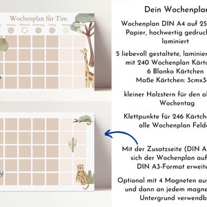 May include: A printable weekly planner with a jungle animal theme. The planner is designed for a child named Tim and features a sloth, zebra, giraffe, chameleon, cactus, and rhino. The planner is printed on 250gsm paper and laminated. It includes 240 blank cards, 6 blank cards, and a small wooden star for marking the current day. The planner is designed to be used with sticky dots and can be expanded to A3 size with an additional sheet.