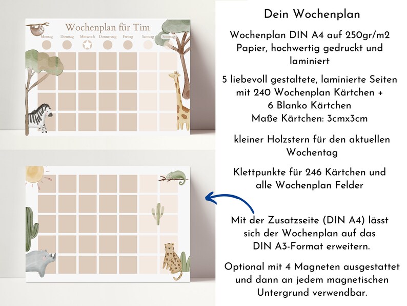 May include: A printable weekly planner with a jungle animal theme. The planner is designed for a child named Tim and features a sloth, zebra, giraffe, chameleon, cactus, and rhino. The planner is printed on 250gsm paper and laminated. It includes 240 blank cards, 6 blank cards, and a small wooden star for marking the current day. The planner is designed to be used with sticky dots and can be expanded to A3 size with an additional sheet.