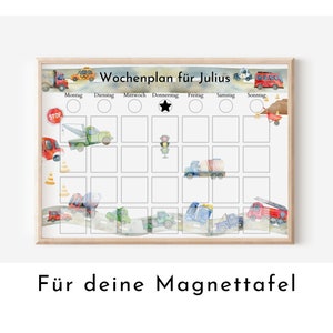 May include: A white weekly planner with a black frame and a colorful watercolor design of vehicles. The planner is titled "Wochenplan für Julius" and has days of the week labeled in German.